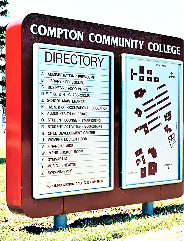 Compton Community College sign with directoy and map